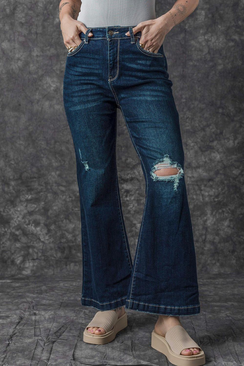 Womens  Jeans | Real Teal High Rise Ripped Bell Bottom Jeans BOTTOMS Jeans