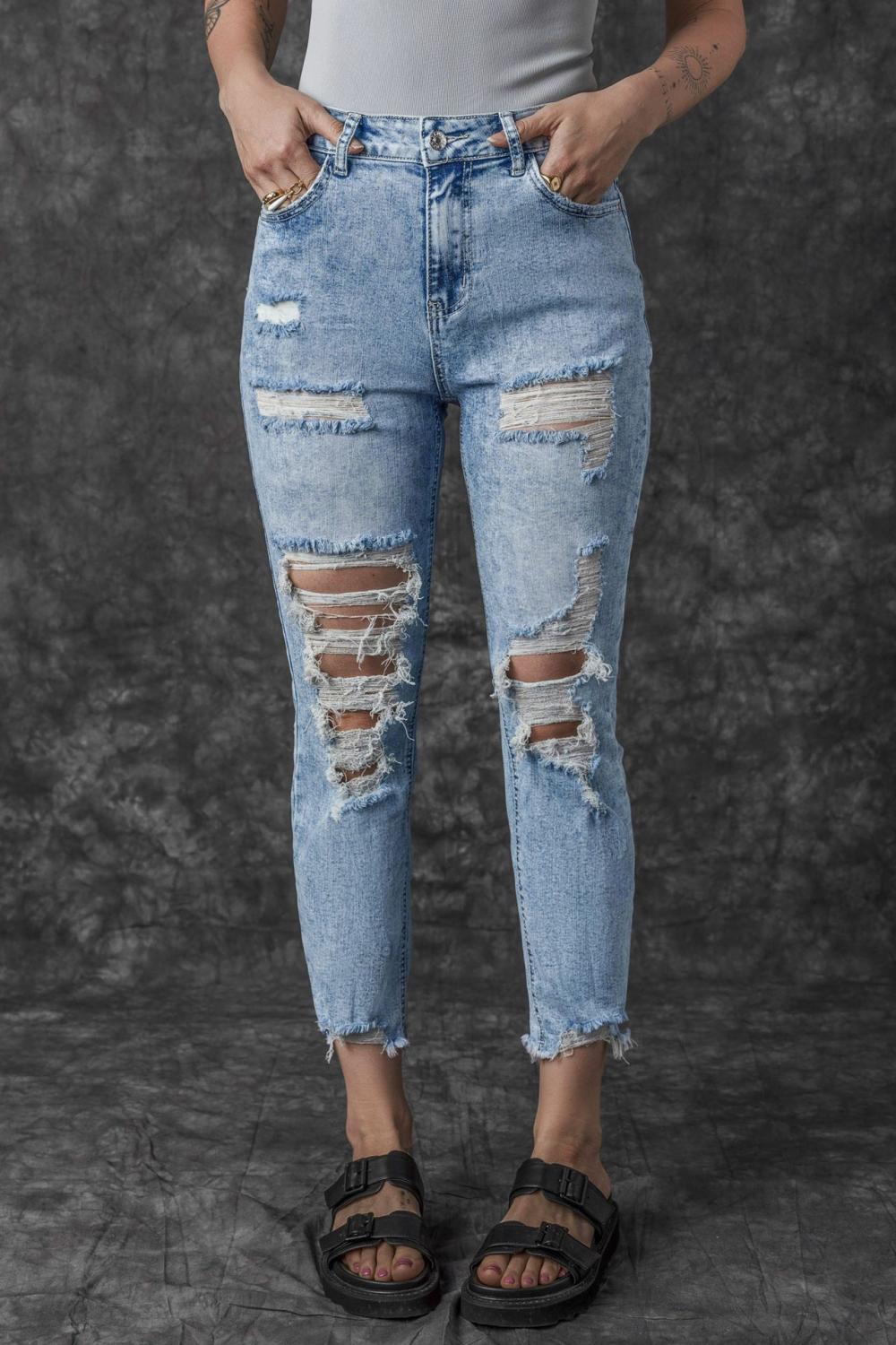 Womens  Jeans | Sky Blue Acid Wash Distressed Slim Fit Jeans BOTTOMS Jeans