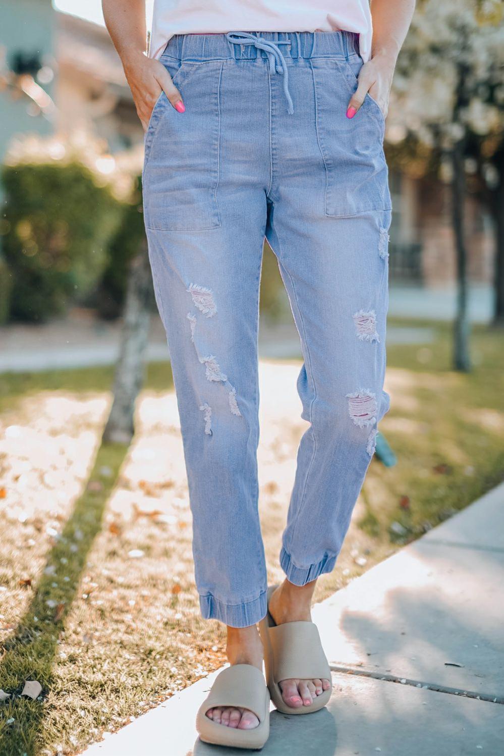 Womens  Jeans | Sky Blue Distress Drawstring Pocketed Joggers BOTTOMS Jeans