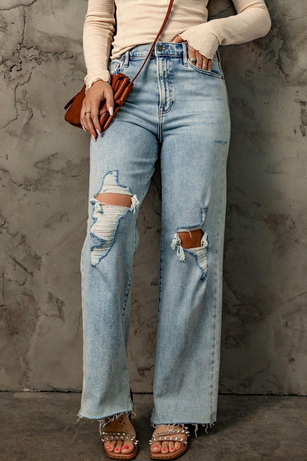 Womens  Jeans | Sky Blue Distressed Frayed Hem Holed Straight Leg Loose Jeans BOTTOMS Jeans