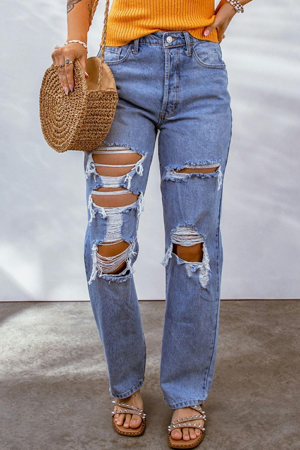 Womens  Jeans | Sky Blue Heavy Destroyed Big Hole Boyfriend Jeans BOTTOMS Jeans