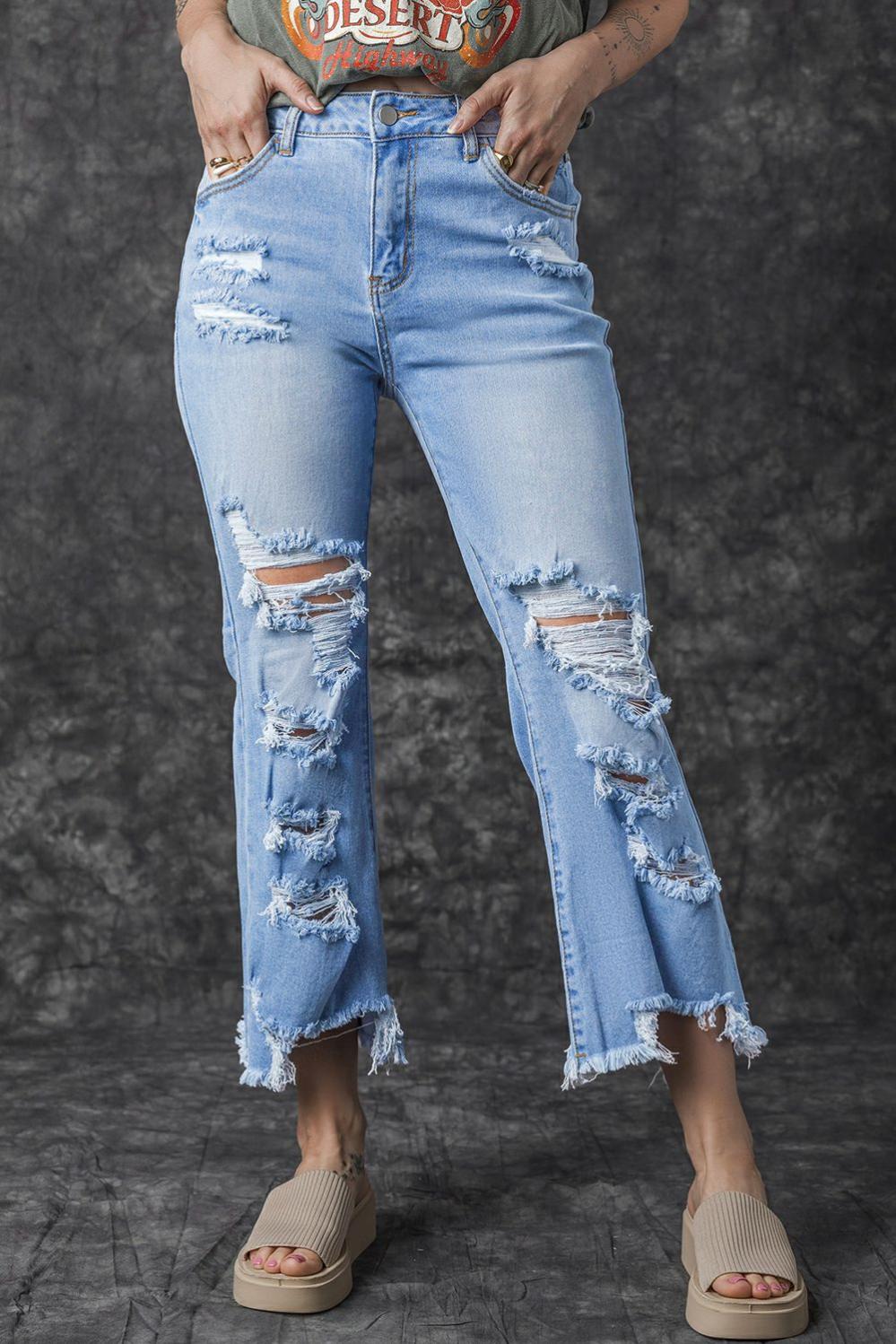 Womens  Jeans | Sky Blue Heavy Destroyed High Waist Jeans BOTTOMS Jeans