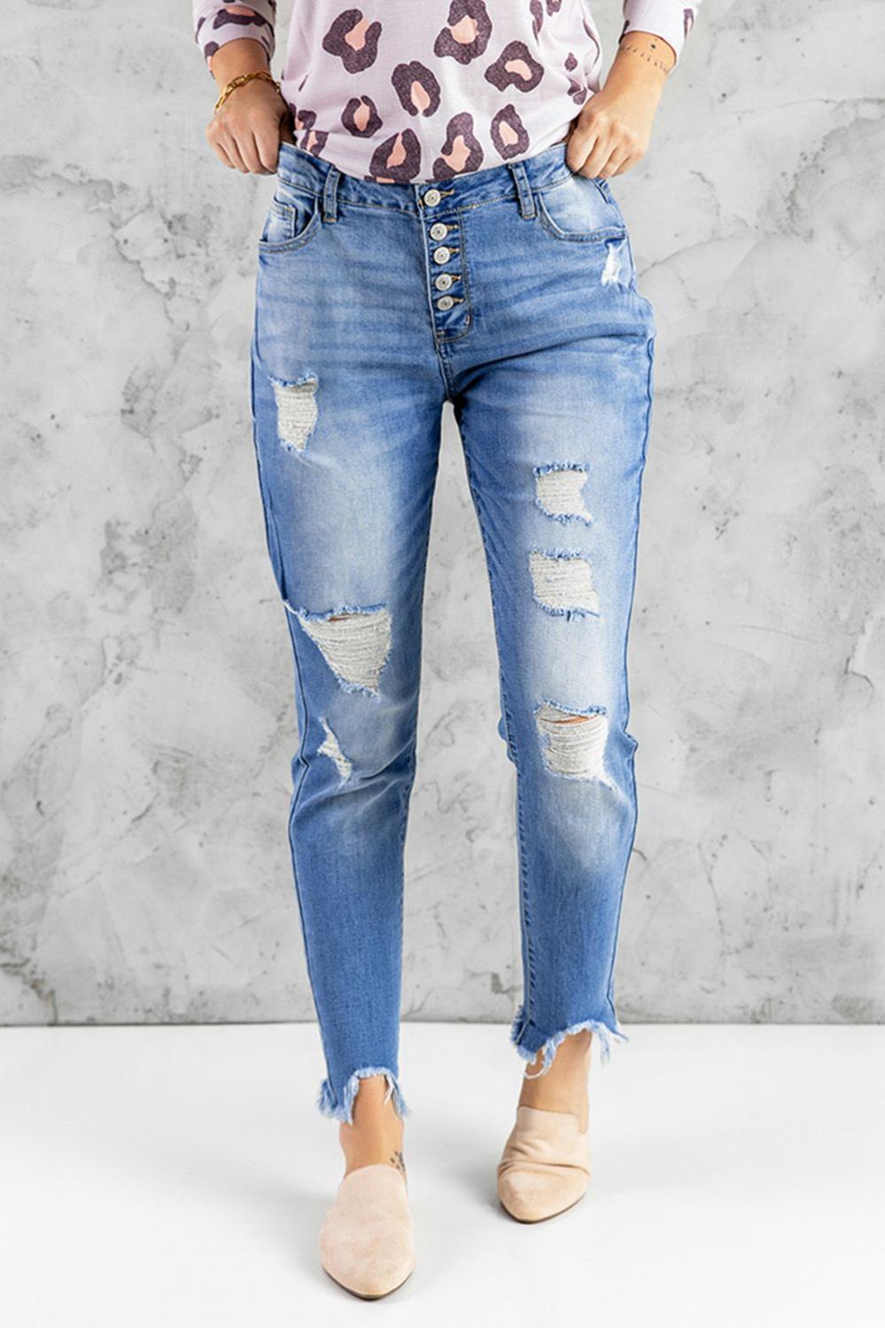 Womens  Jeans | Sky Blue High Rise Button Front Frayed Ankle Skinny Jeans BOTTOMS Jeans