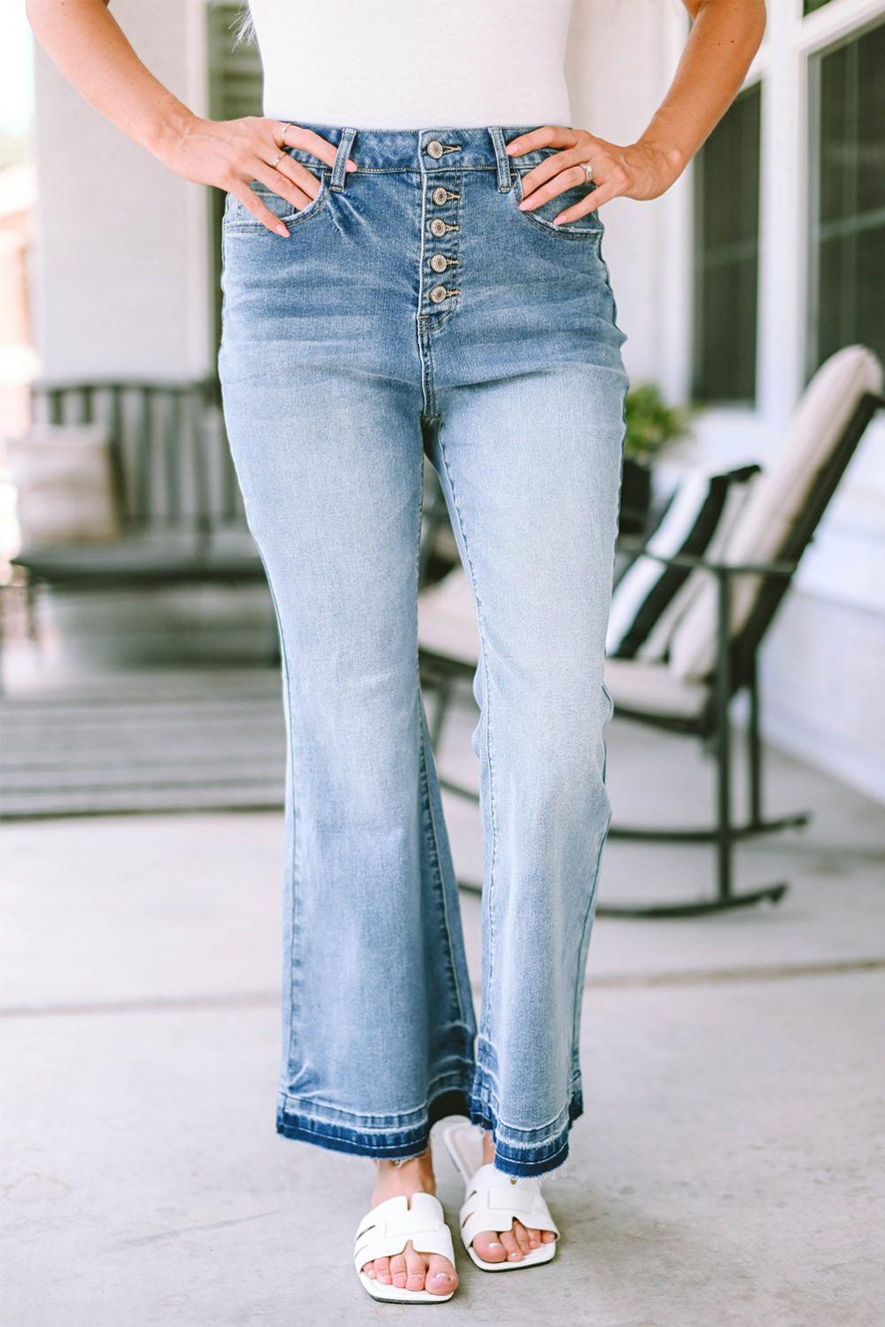 Womens  Jeans | Sky Blue High Waist Buttoned Distressed Flared Jeans BOTTOMS Jeans