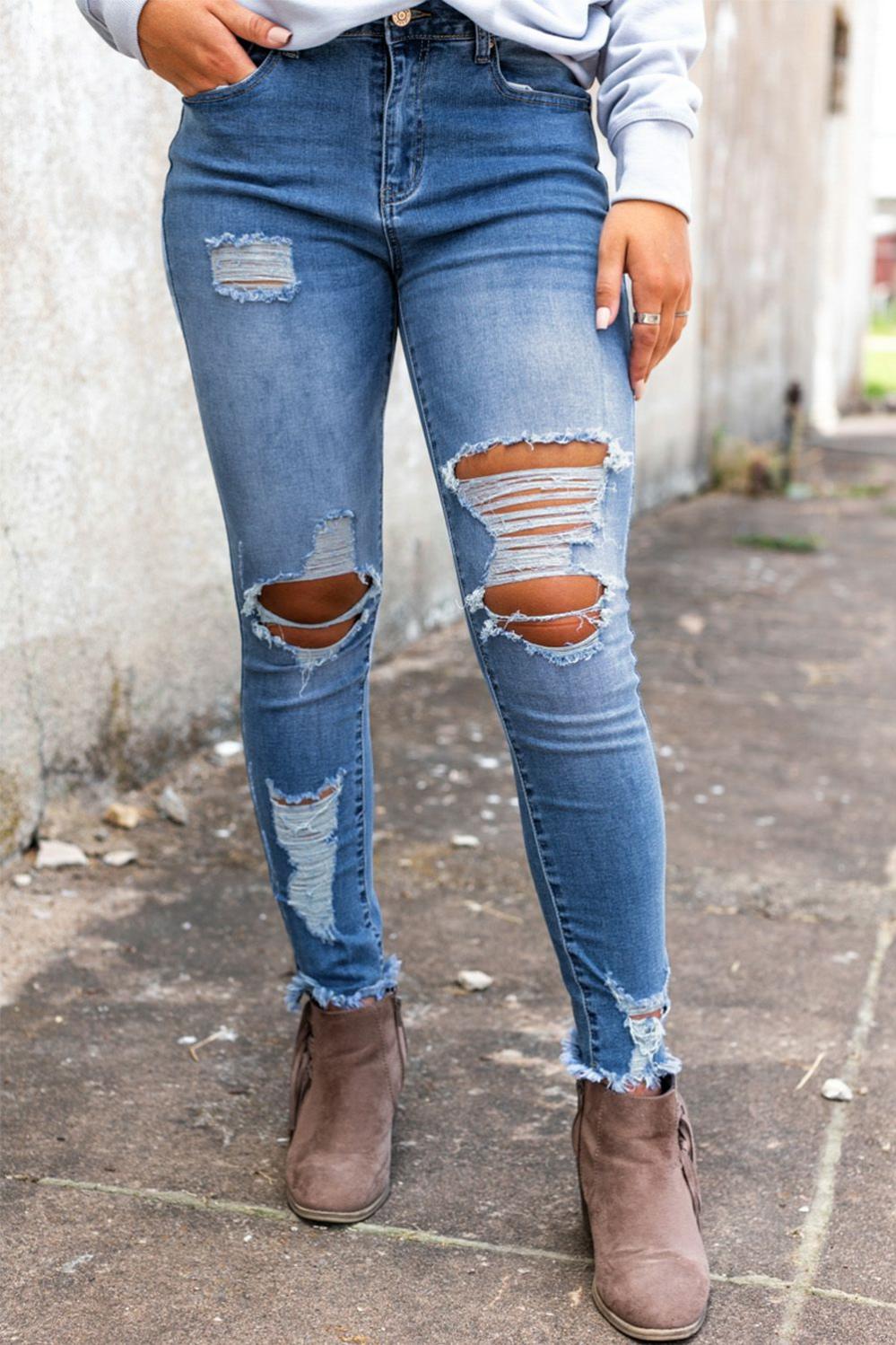 Womens  Jeans | Sky Blue High Waist Distressed Skinny Jeans BOTTOMS Jeans