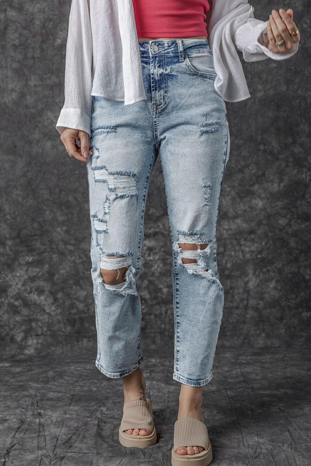 Womens  Jeans | Sky Blue Light Wash Frayed Slim Fit High Waist Jeans BOTTOMS Jeans