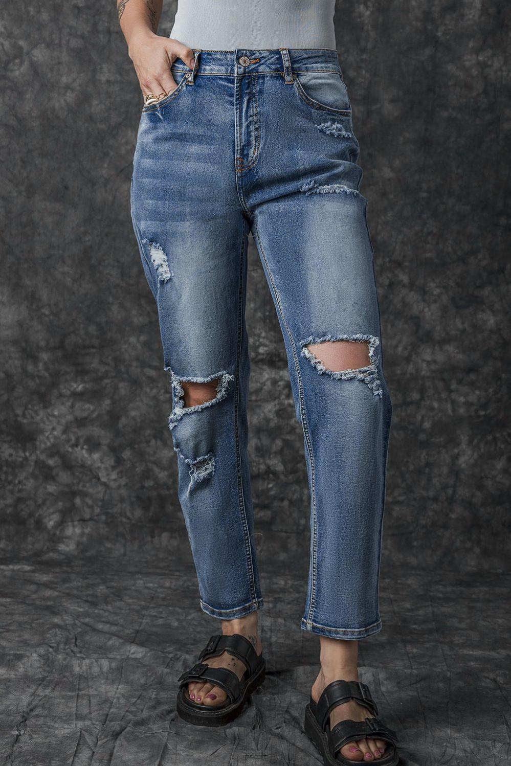 Womens  Jeans | Sky Blue Open Knee Cutout Straight Leg Jeans BOTTOMS Jeans