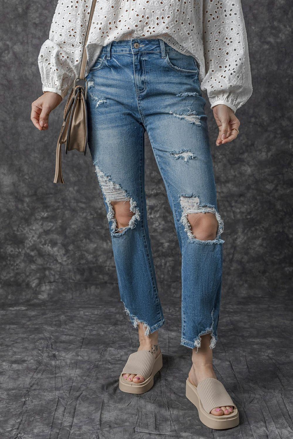 Womens  Jeans | Sky Blue Ripped Knee Hole High Waist Jeans BOTTOMS Jeans