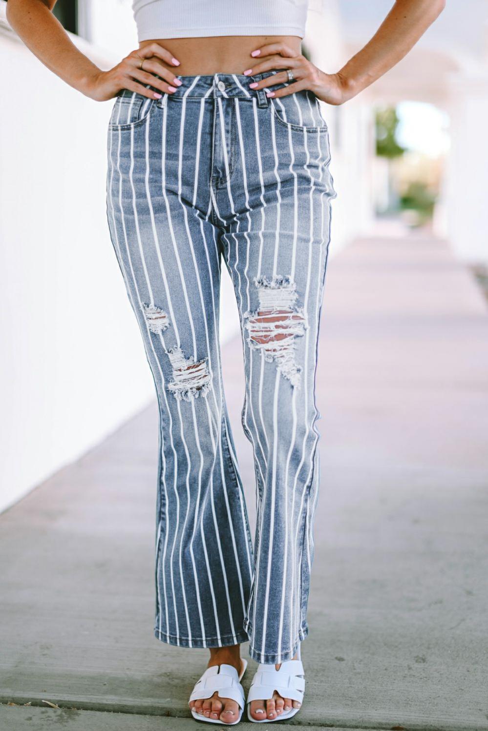 Womens  Jeans | Sky Blue Vertical Striped Ripped Flare Jeans BOTTOMS Jeans