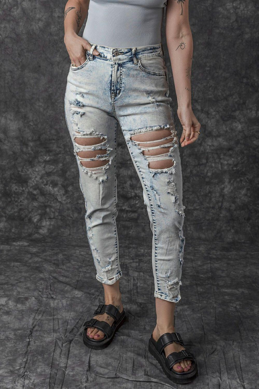 Womens  Jeans | Sky Blue Vintage Washed Heavy Destroyed Skinny Jeans BOTTOMS Jeans