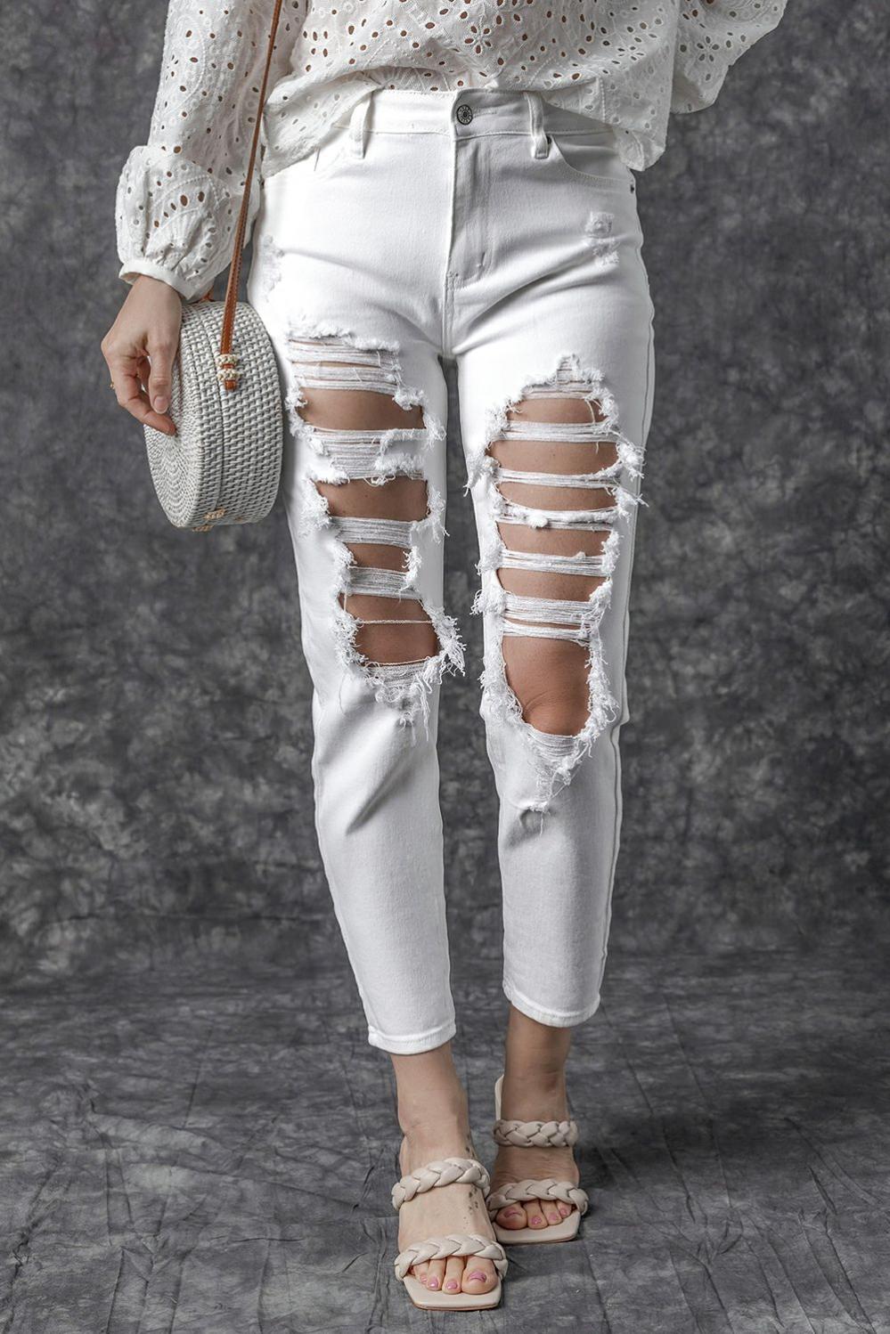 Womens  Jeans | White Distressed Ripped Holes High Waist Skinny Jeans BOTTOMS Jeans