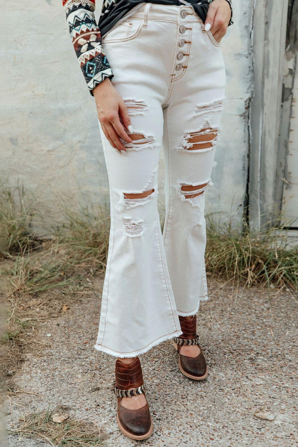 Womens  Jeans | White Light Washed Distressed Slits Button Fly Flare Jeans BOTTOMS Jeans