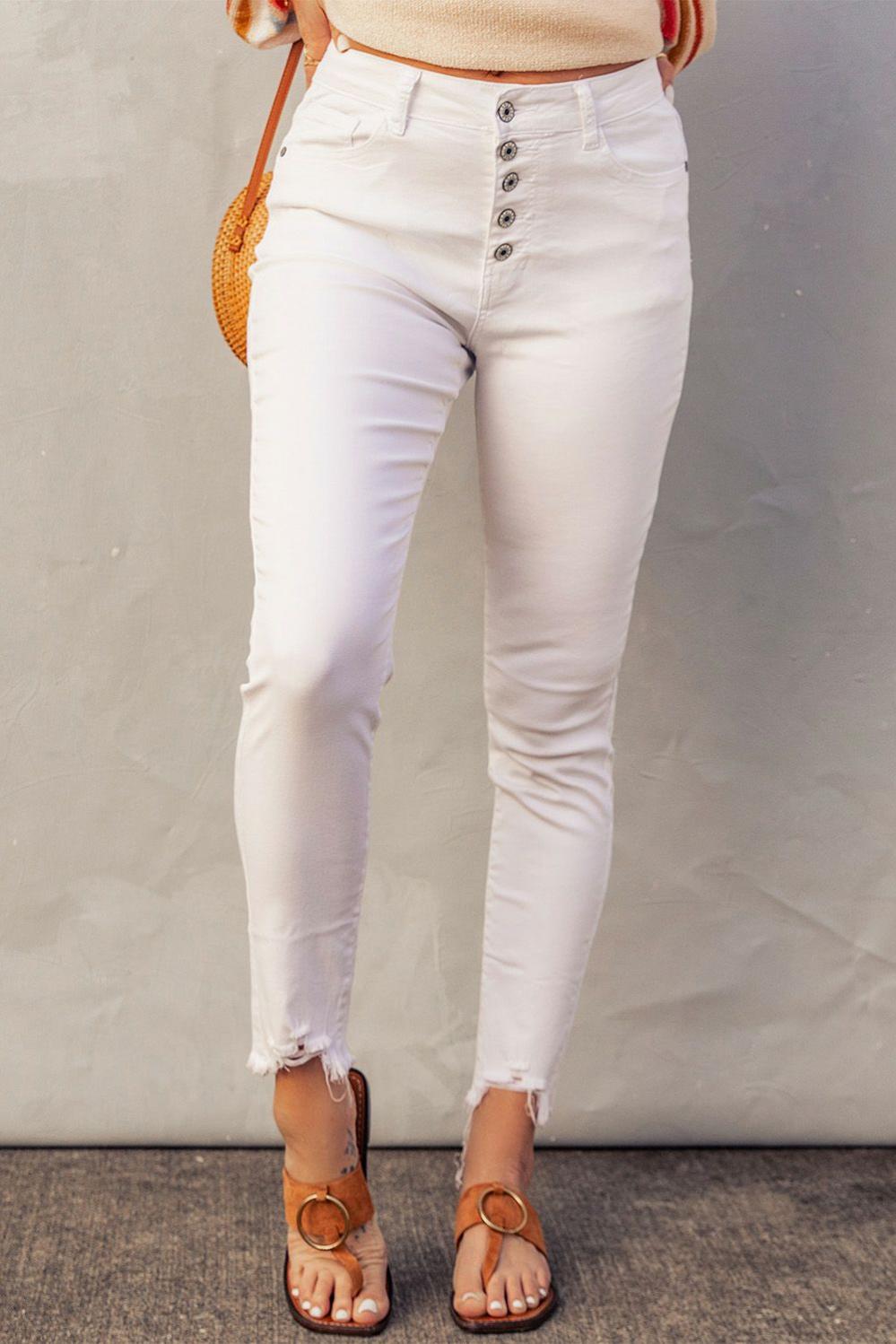 Womens  Jeans | White Plain High Waist Buttons Frayed Cropped Denim Jeans BOTTOMS Jeans