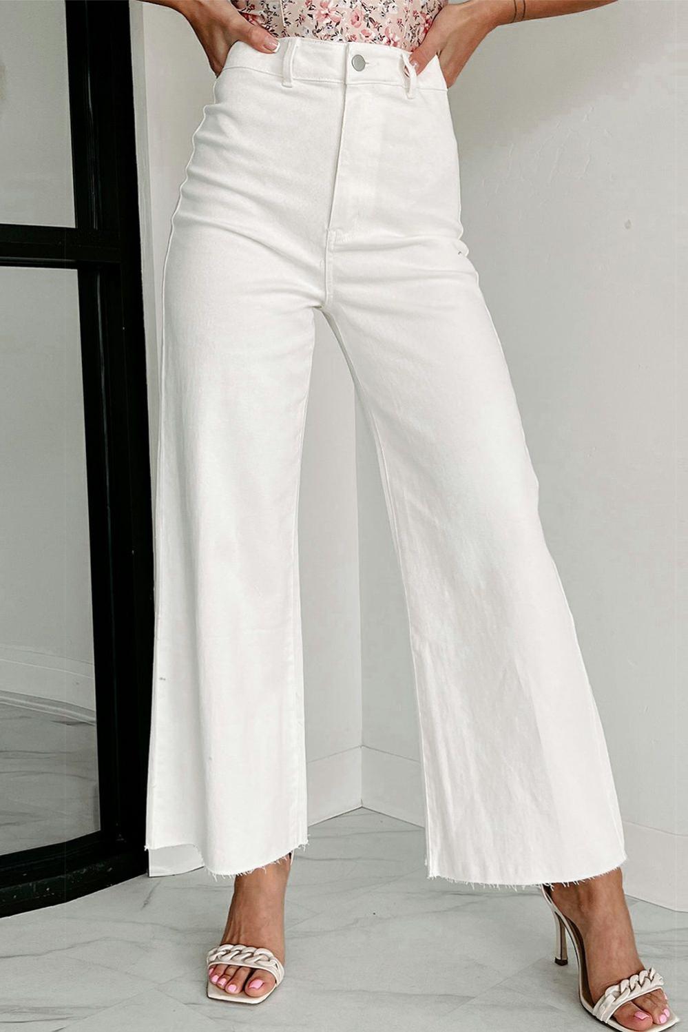 Womens  Jeans | White Solid Raw Hem Wide Leg Crop Jeans BOTTOMS Jeans