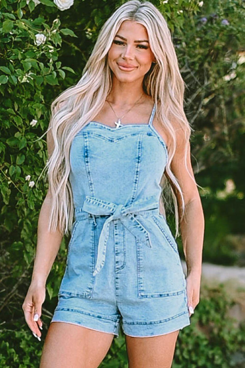 Womens  Jumpsuits & Rompers | Beau Blue Spaghetti Straps Belted Denim Romper BOTTOMS Beau Blue