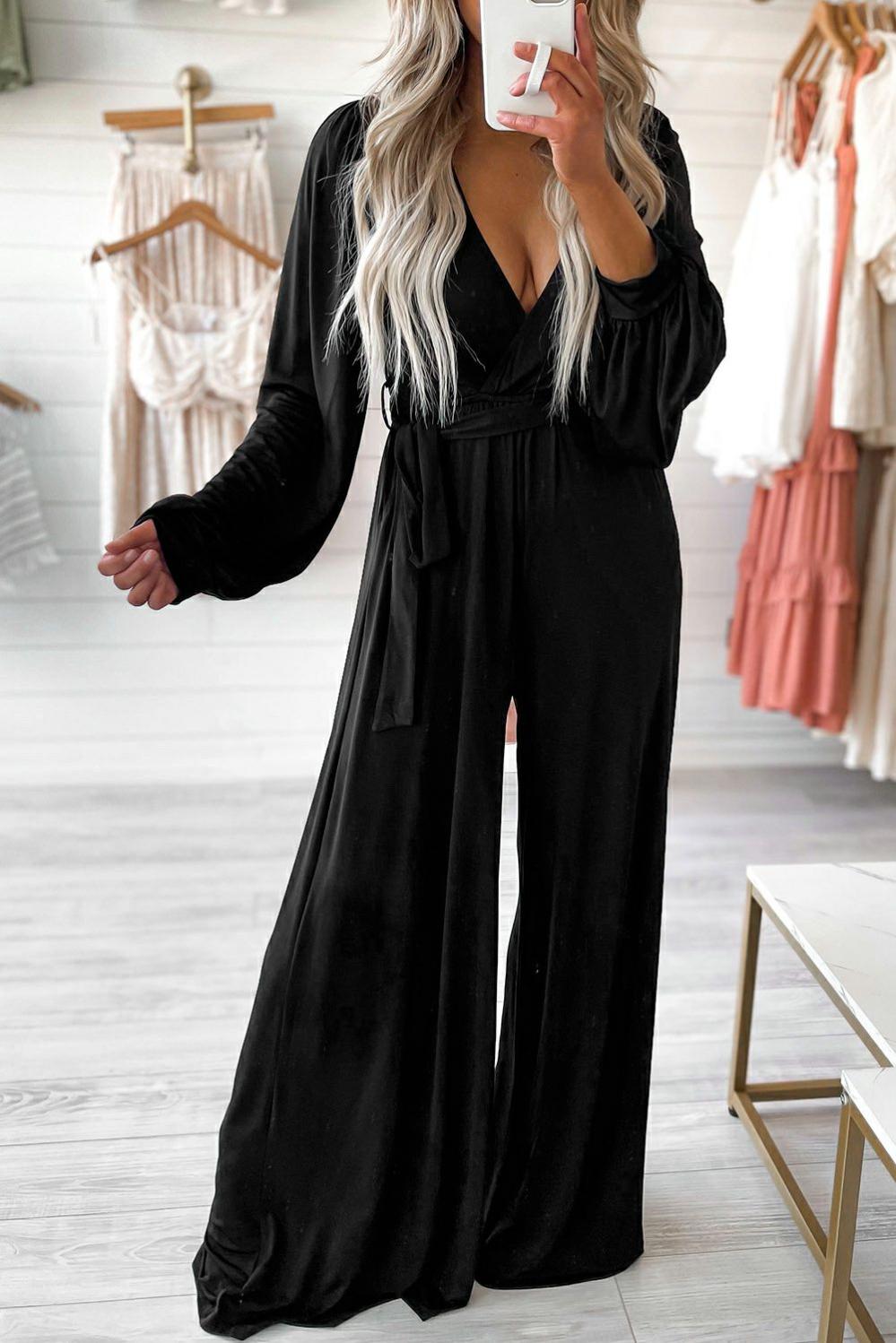 Womens  Jumpsuits & Rompers | Black Cutout Back Belted V Neck Wide Leg Jumpsuit BOTTOMS Black