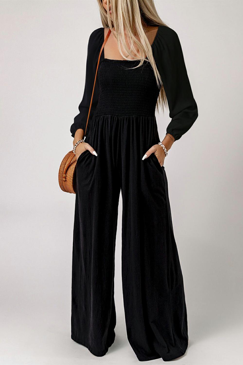 Womens  Jumpsuits & Rompers | Black Smocked Square Neck Long Sleeve Wide Leg Jumpsuit BOTTOMS Black