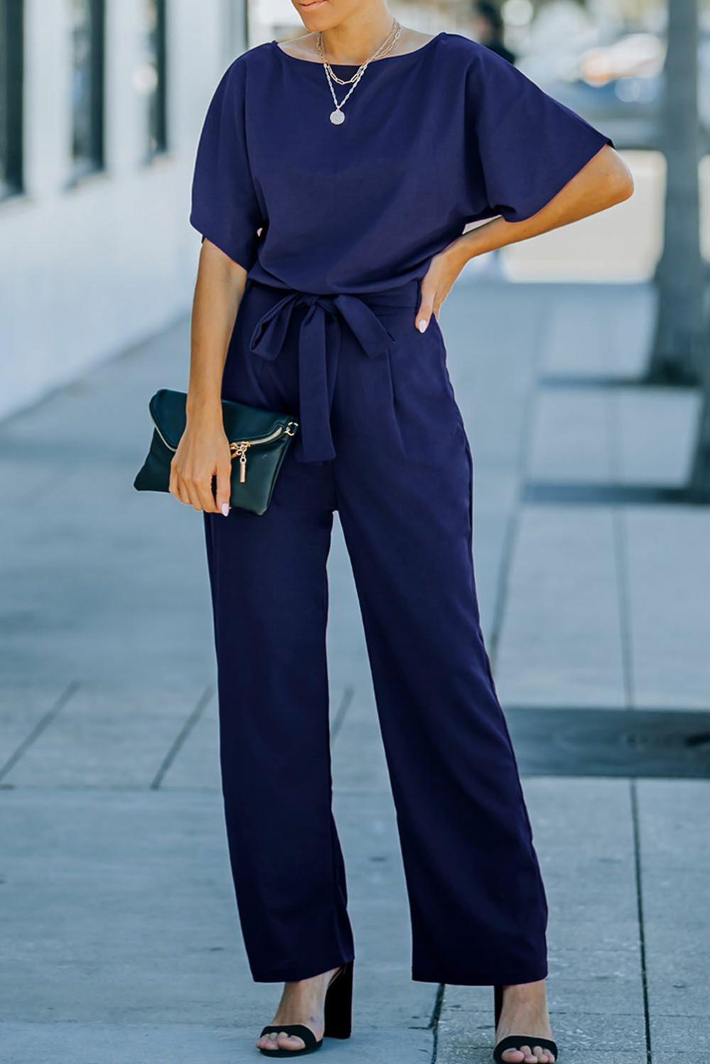 Womens  Jumpsuits & Rompers | Blue Belted Wide Leg Jumpsuit BOTTOMS Blue