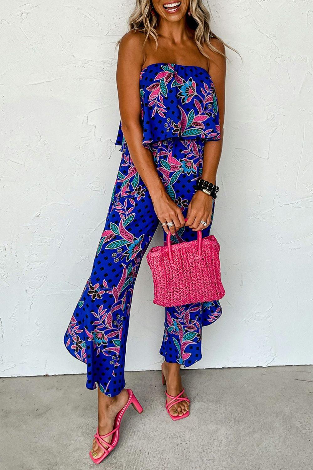 Womens  Jumpsuits & Rompers | Blue Mix Tropical Print Strapless Ruffled Jumpsuit BOTTOMS Blue