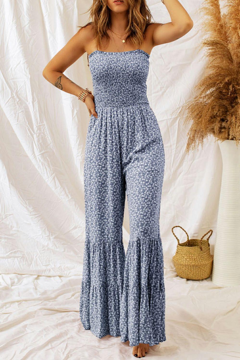 Womens  Jumpsuits & Rompers | Dusk Blue Thin Straps Smocked Bodice Wide Leg Floral Jumpsuit BOTTOMS Dusk Blue