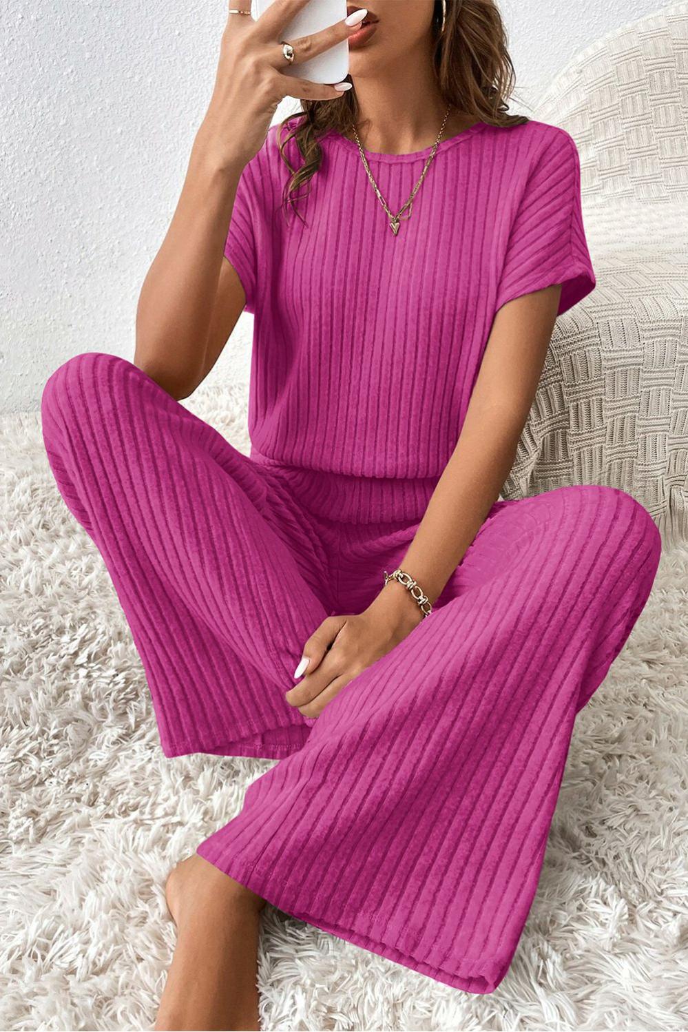 Womens  Jumpsuits & Rompers | Rose Red Solid Color Ribbed Short Sleeve Wide Leg Jumpsuit BOTTOMS Jumpsuits & Rompers