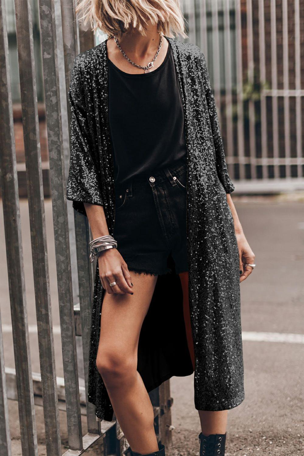 Womens  Kimonos | Black Sequin 3/4 Sleeve Open Front Duster Kimono Kimonos Black