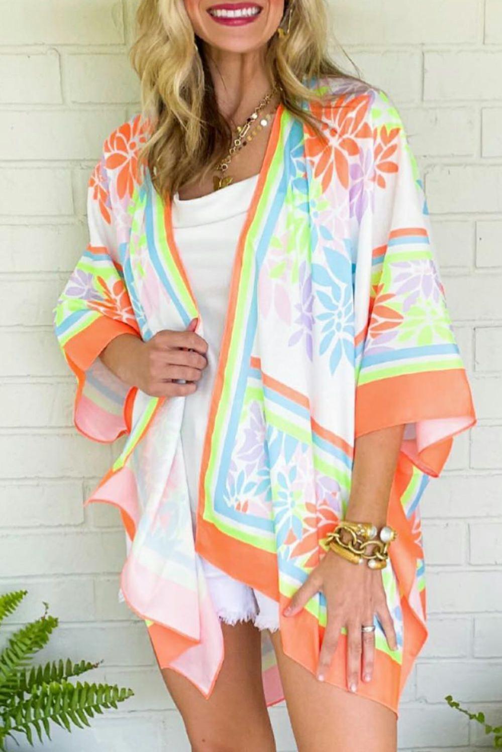 Womens  Kimonos | Orange Boho Floral 3/4 Sleeve Split Open Front Kimono Kimonos Kimonos