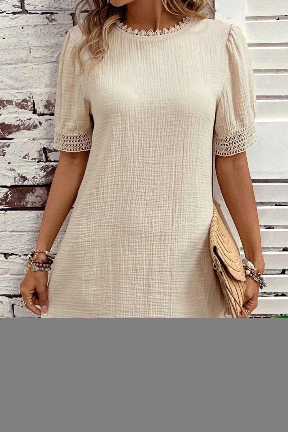 Womens  Lace Dresses | Beige Crinkle Lace Trim Puff Sleeve Shift Mini Dress DRESSES Beige