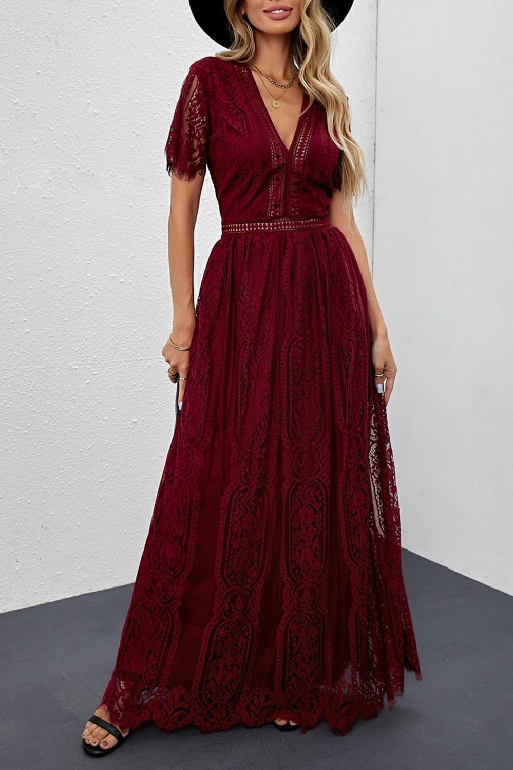 Womens  Lace Dresses | Fiery Red Blue Fill Your Heart Lace Maxi Dress DRESSES Fiery Red