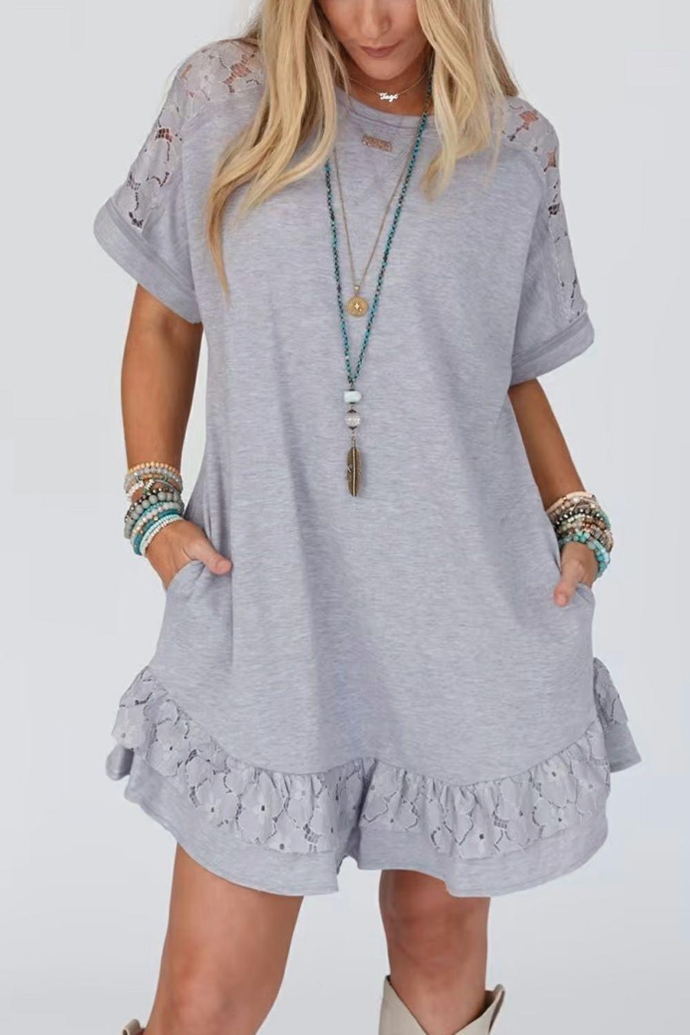 Womens  Lace Dresses | Light Grey Lace Floral Patchwork Ruffled T-shirt Dress DRESSES Lace Dresses