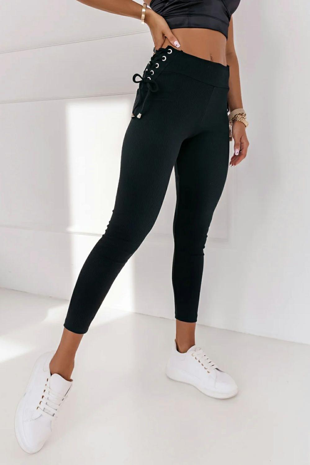 Womens  Leggings | Black Side Lace up Ribbed Leggings BOTTOMS Black