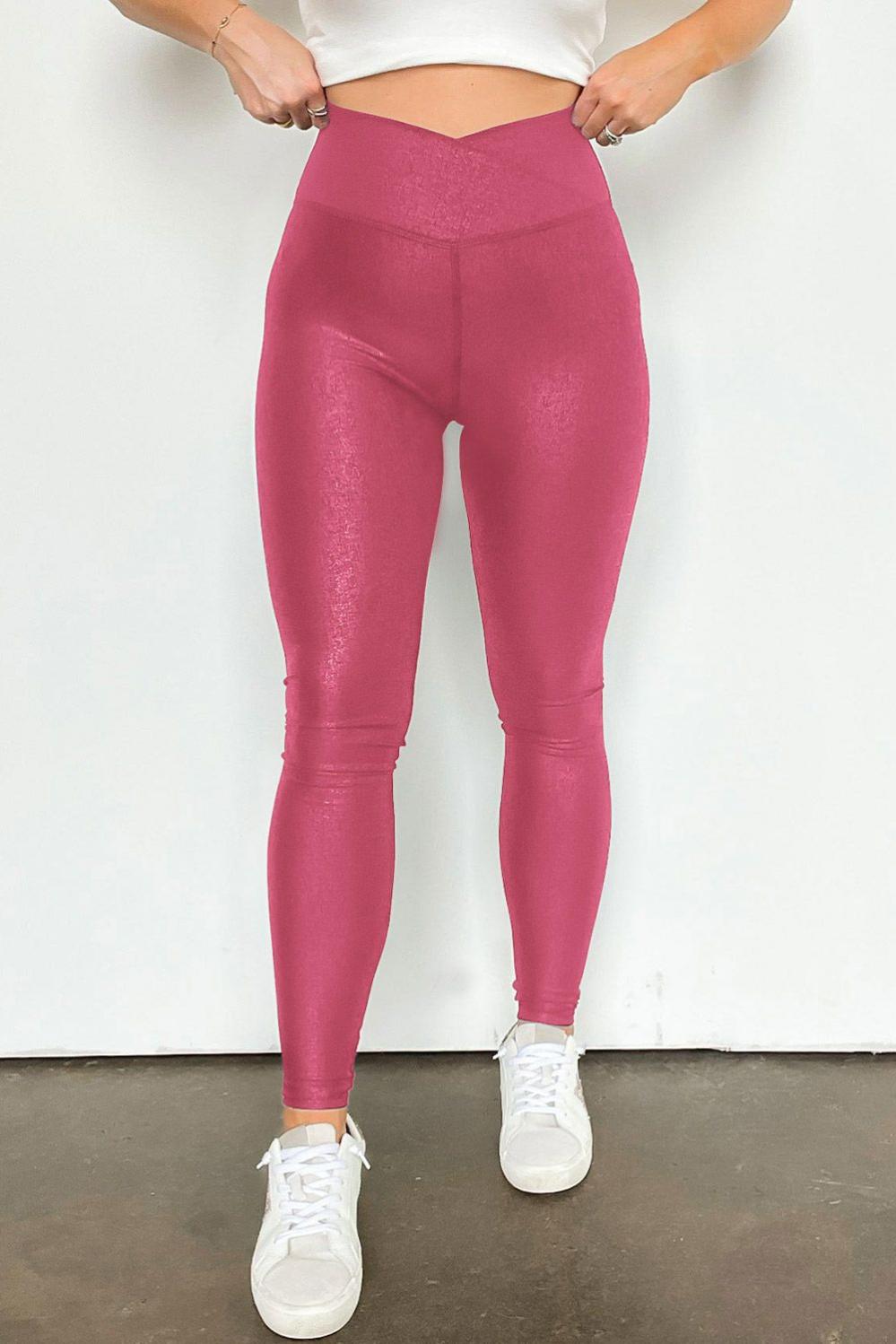 Womens  Leggings | Rose Red Crossed Dip Waist Sleek Leather Leggings BOTTOMS Leggings