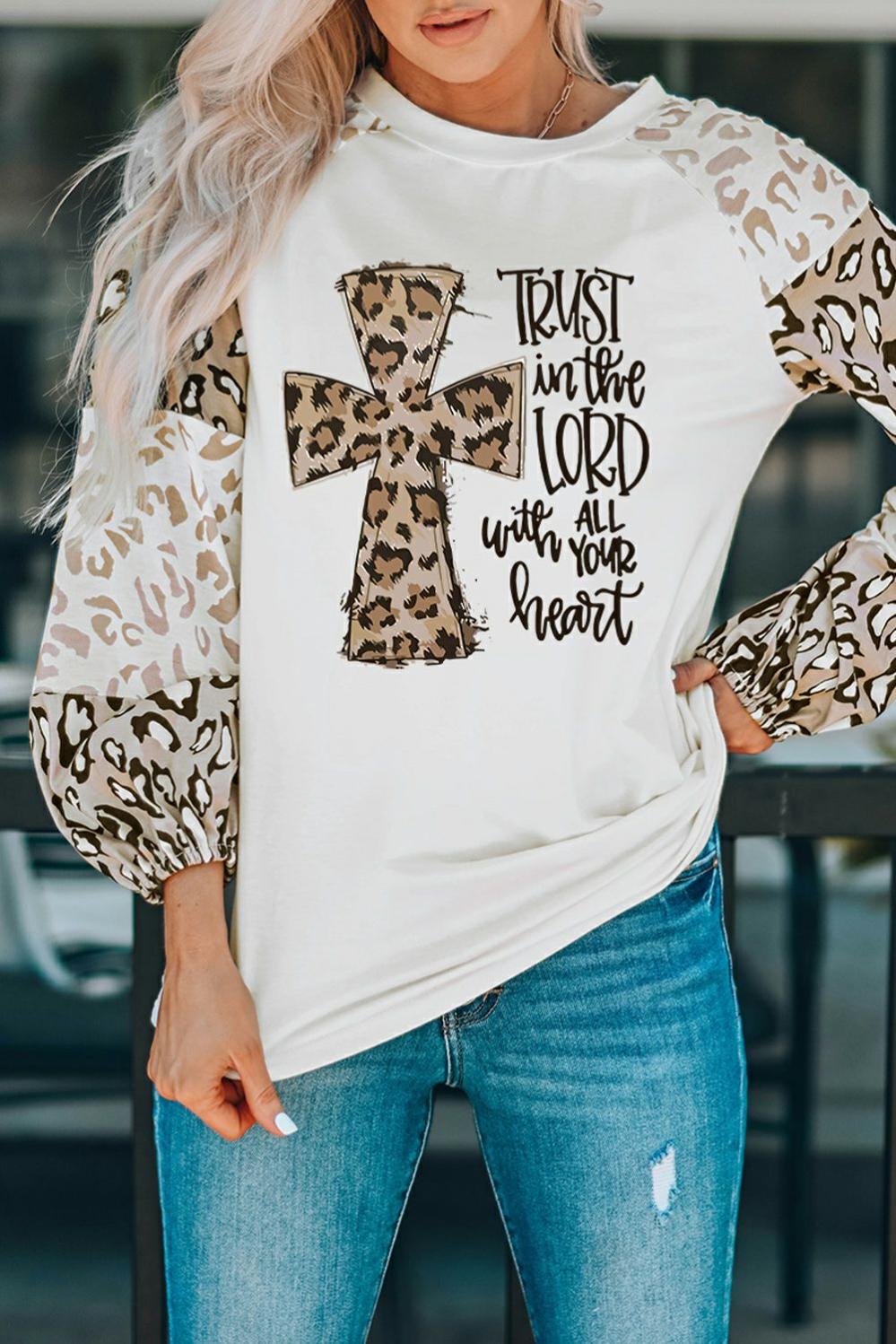 Womens  Long Sleeve Graphic Tees | Beige Faith Cross Leopard Bishop Sleeve Graphic Top GRAPHIC Beige