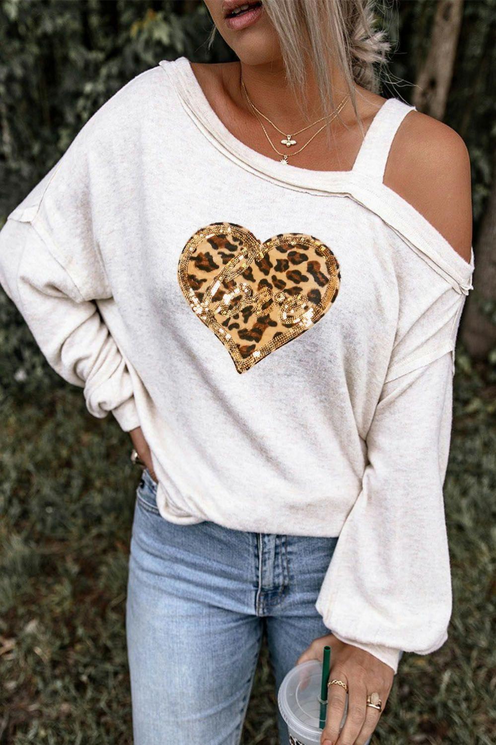 Womens  Long Sleeve Graphic Tees | Beige Leopard Sequined Love Heart One Shoulder Top GRAPHIC Beige