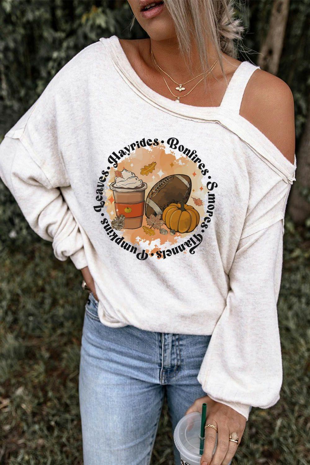 Womens  Long Sleeve Graphic Tees | Beige Pumpkin Rugby Slogan Print Cold Shoulder Top GRAPHIC Beige