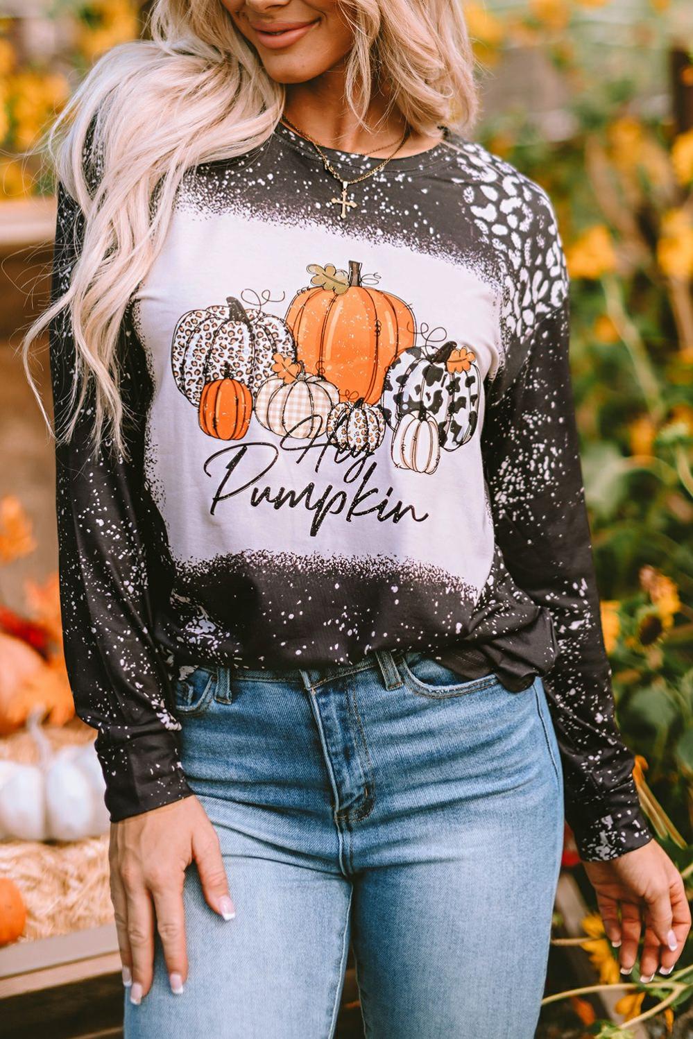 Womens  Long Sleeve Graphic Tees | Black Leopard Bleached Pumpkin Graphic Long Sleeve Top GRAPHIC Black