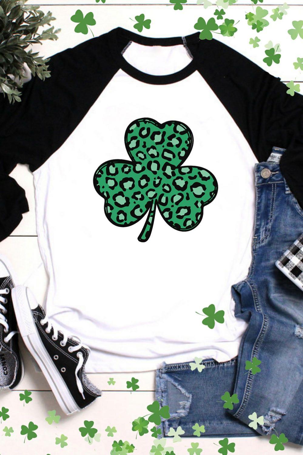 Womens  Long Sleeve Graphic Tees | Black Leopard Spotted Clover St Patrick Graphic Long Sleeve Tee GRAPHIC Black