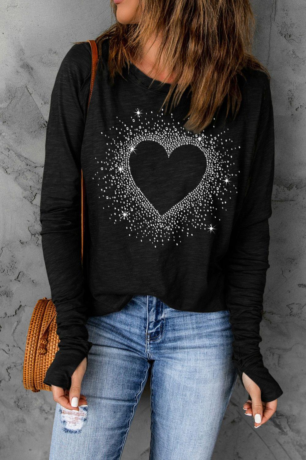 Womens  Long Sleeve Graphic Tees | Black Shining Heart Graphic Print Long Sleeve Top GRAPHIC Black