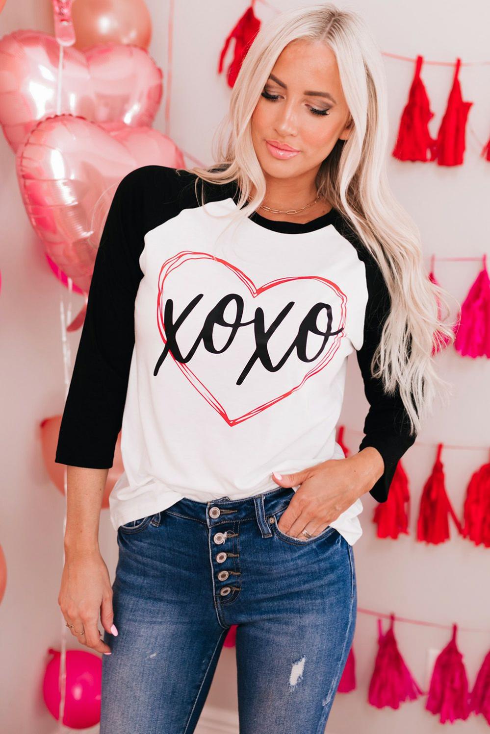 Womens  Long Sleeve Graphic Tees | Black XOXO Heart Graphic Contrast Long Sleeve Tee GRAPHIC Black