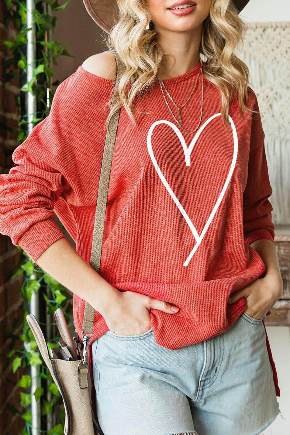 Womens  Long Sleeve Graphic Tees | Fiery Red Heart Shaped Waffle Knit High Low Long Sleeve Top GRAPHIC Fiery Red