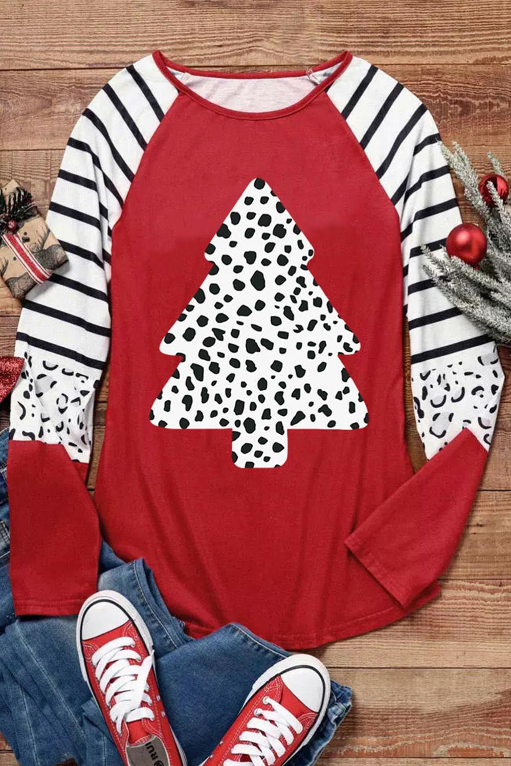 Womens  Long Sleeve Graphic Tees | Fiery Red Leopard Christmas Tree Striped Color Block Long Sleeve Top GRAPHIC Fiery Red