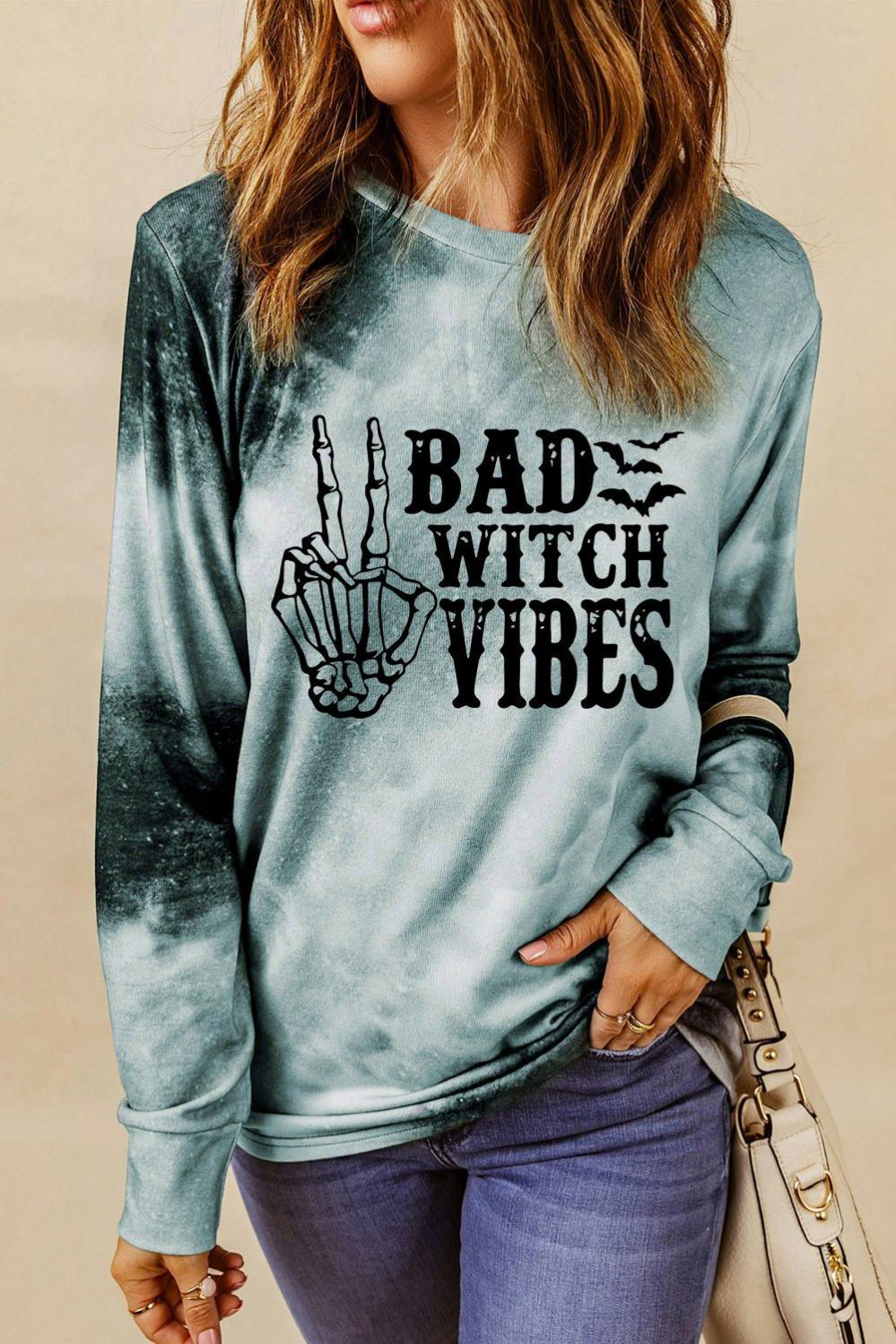 Womens  Long Sleeve Graphic Tees | Gray Tie Dye BAD WITCH VIBES Graphic Long Sleeve Top GRAPHIC Gray