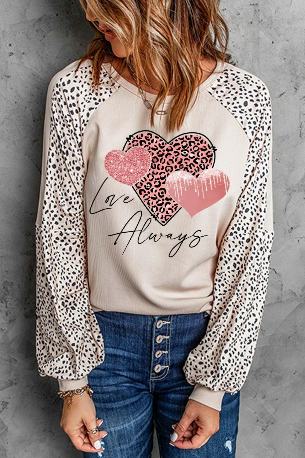 Womens  Long Sleeve Graphic Tees | Khaki Love Always Heart Leopard Color Block Top GRAPHIC Khaki