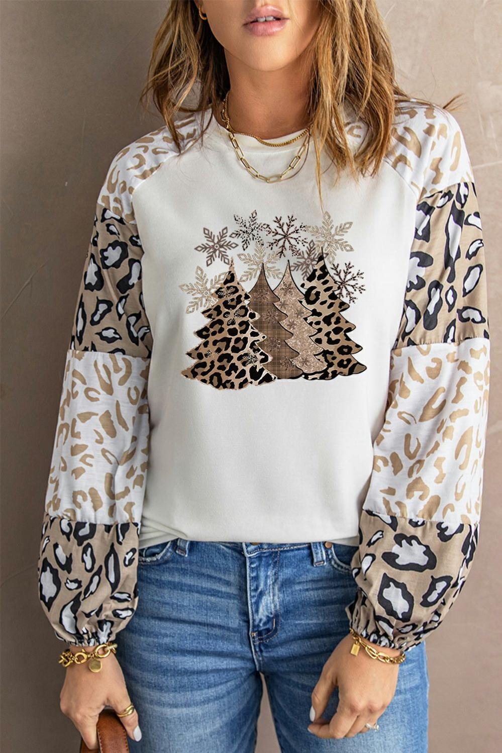 Womens  Long Sleeve Graphic Tees | Leopard Color Block Crew Neck Long Sleeve Blouse GRAPHIC Beige