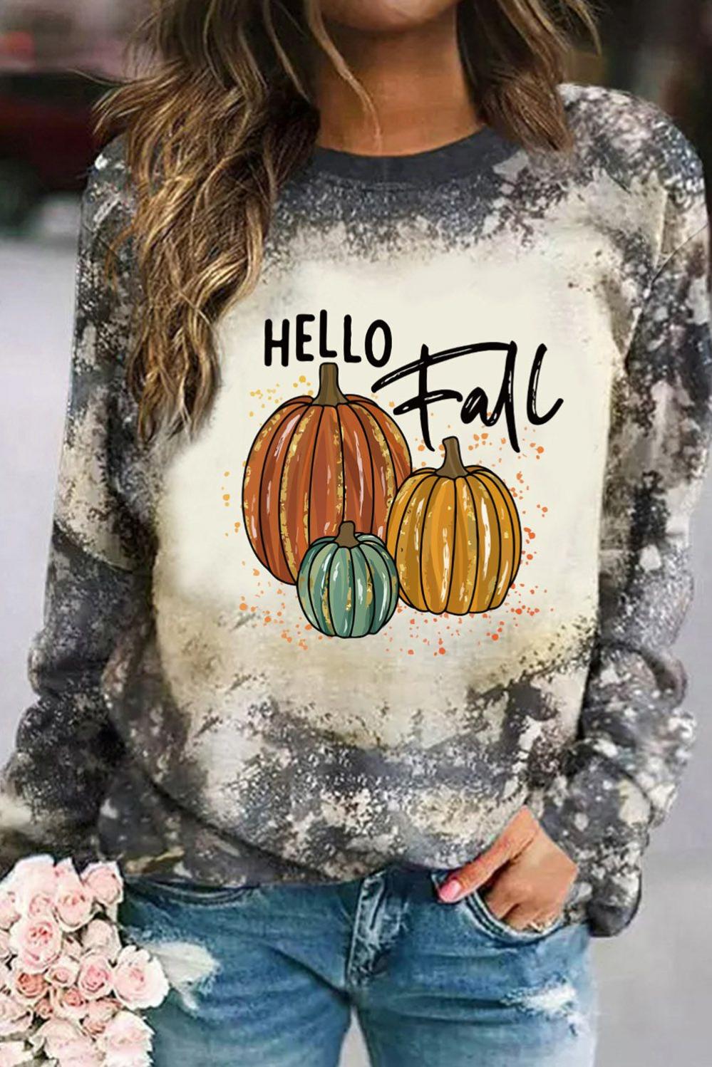 Womens  Long Sleeve Graphic Tees | Multicolor Hello Fall Pumpkin Graphic Tie Dye Long Sleeve Top GRAPHIC Long Sleeve Graphic Tees