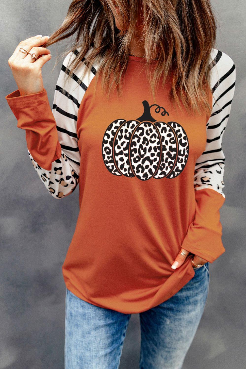 Womens  Long Sleeve Graphic Tees | Orange Leopard Pumpkin Graphic Contrast Long Sleeve Top GRAPHIC Long Sleeve Graphic Tees