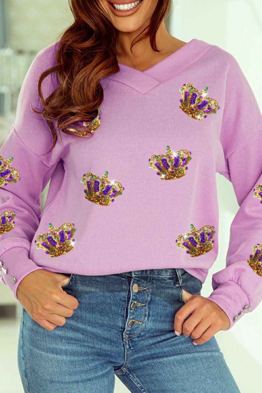 Womens  Long Sleeve Graphic Tees | Purple Mardi Gras Sequin Crown V Neck Pullover GRAPHIC Long Sleeve Graphic Tees