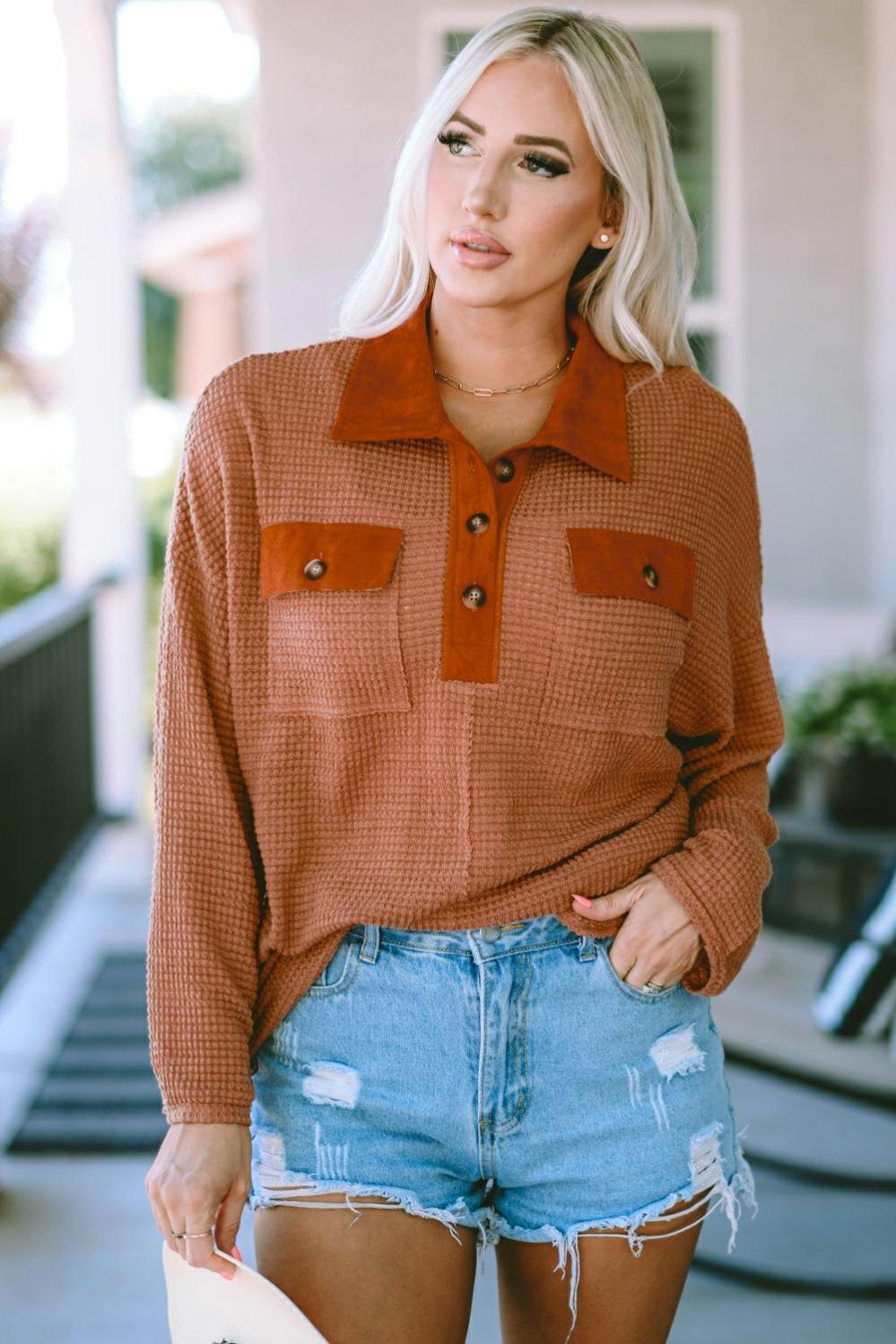 Womens  Long Sleeve Tops | Brown Waffle Knit Button Contrast Trim Long Sleeve Top Long Sleeve Tops Brown