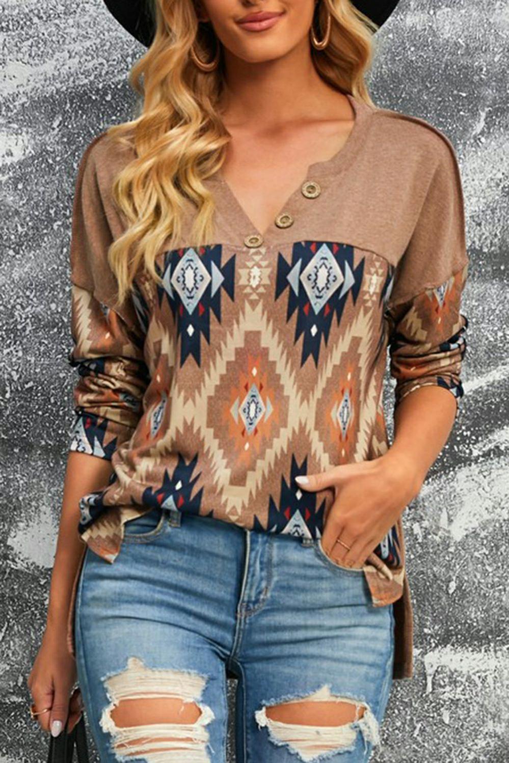 Womens  Long Sleeve Tops | Brown Western Aztec Print Buttoned V Neck Top Long Sleeve Tops Brown