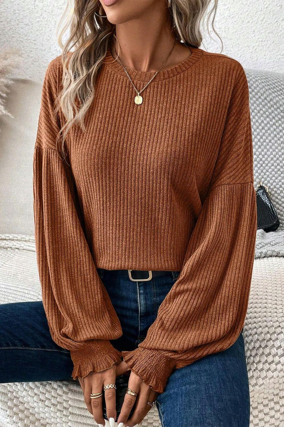 Womens  Long Sleeve Tops | Chestnut Ribbed Knit Drop Shoulder Ruffled Sleeve Textured Top Long Sleeve Tops Chestnut